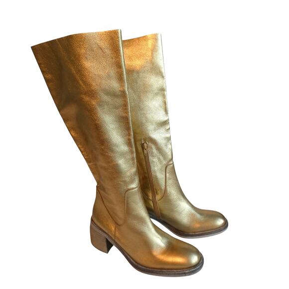 Free People Metallic Gold Essential Tall Slouch Leather Boot Spain Women 9 - Picture 3 of 14